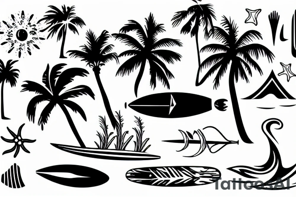 sea, palm, surfer tattoo idea