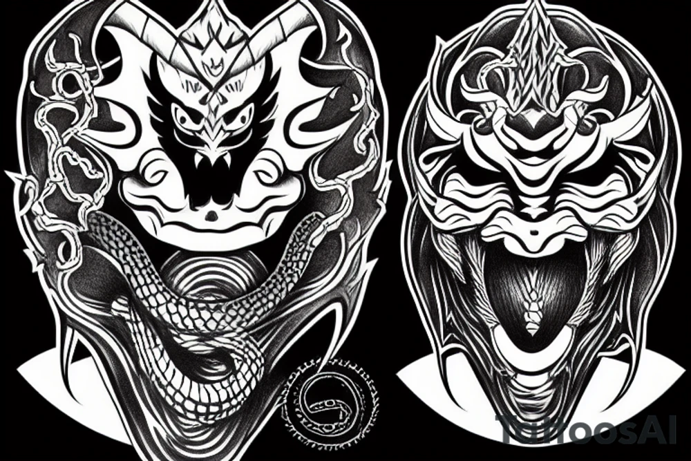 oni mask with snake wrapped around tattoo idea