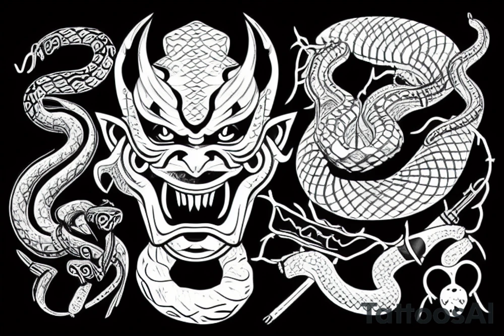 oni mask with snake wrapped around tattoo idea