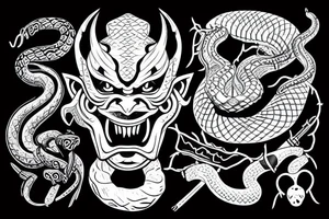 oni mask with snake wrapped around tattoo idea