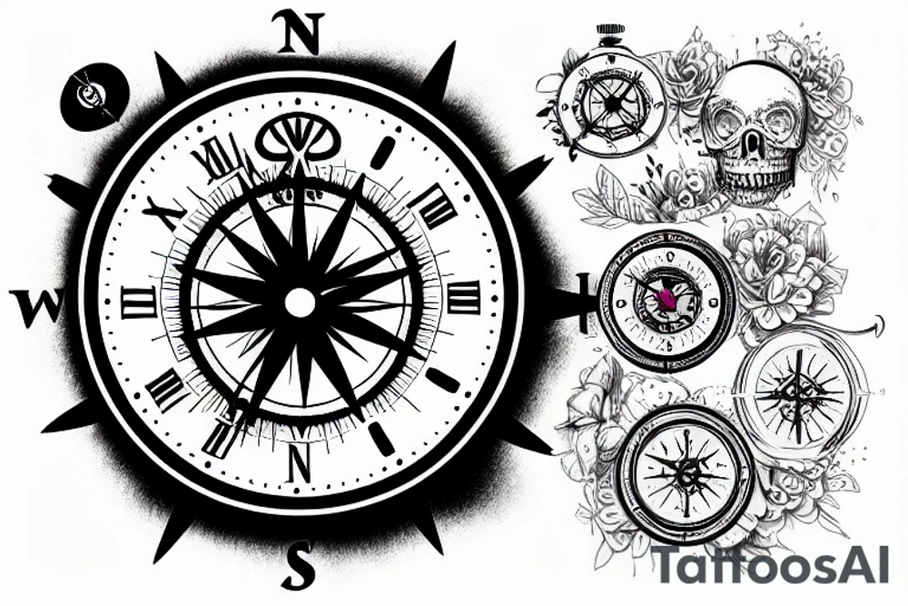 a clock and a compass, with the writing "Memento Mori" tattoo idea