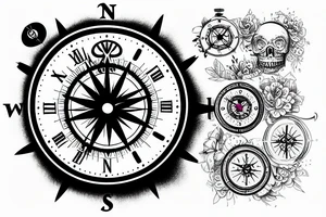 a clock and a compass, with the writing "Memento Mori" tattoo idea