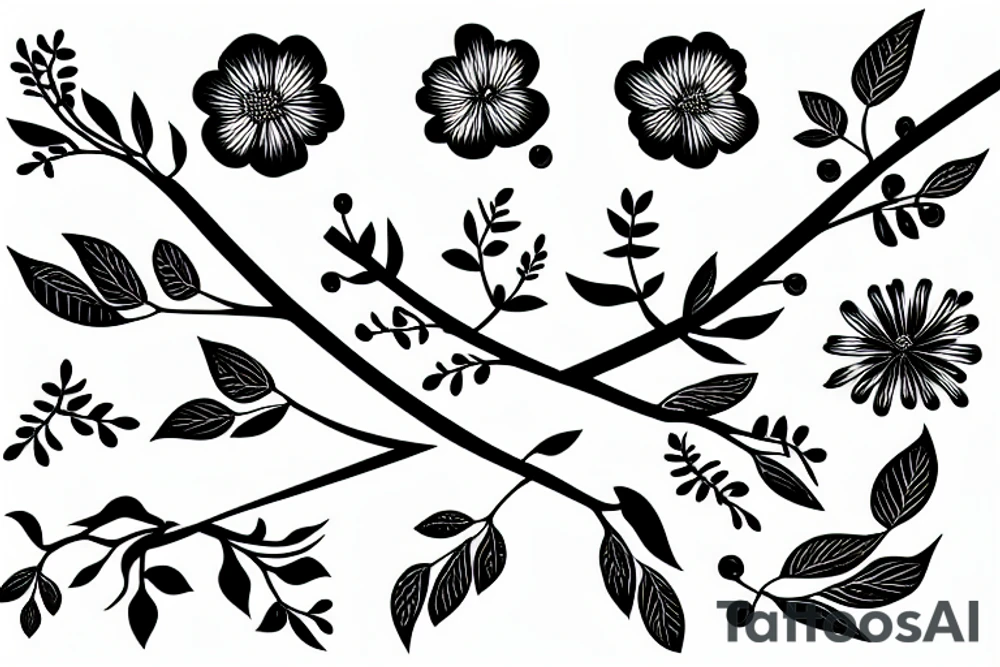 Branch with flowers and blades tattoo idea