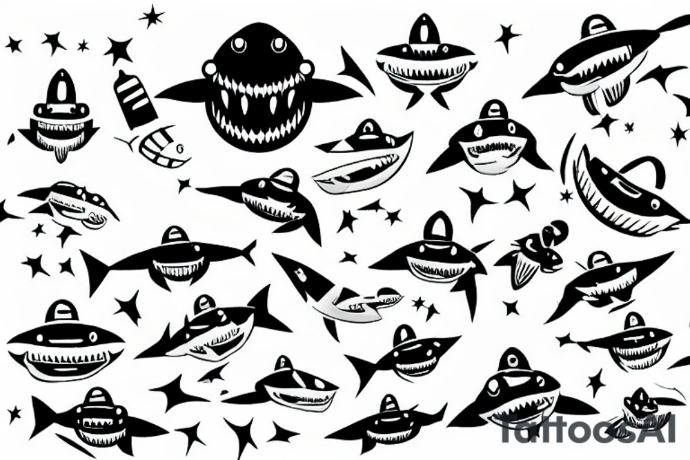 robot shark in the sky tattoo idea