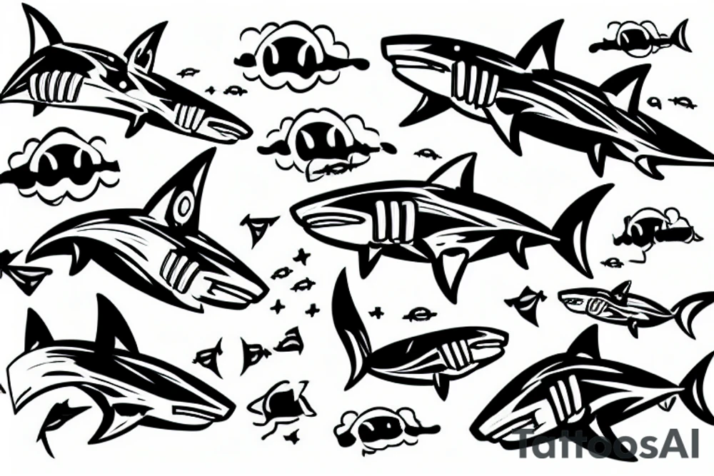 robot shark swimming in the sky tattoo idea