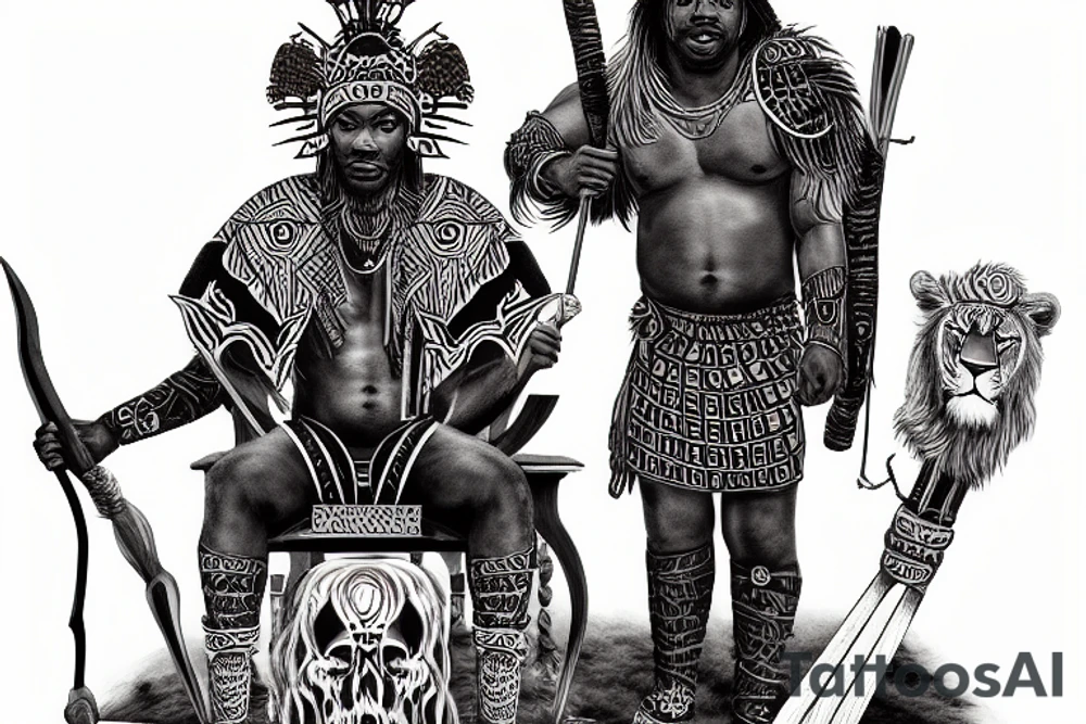 african warrior with lion hide and spear drinking out of human skull on throne tattoo idea