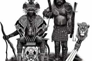african warrior with lion hide and spear drinking out of human skull on throne tattoo idea