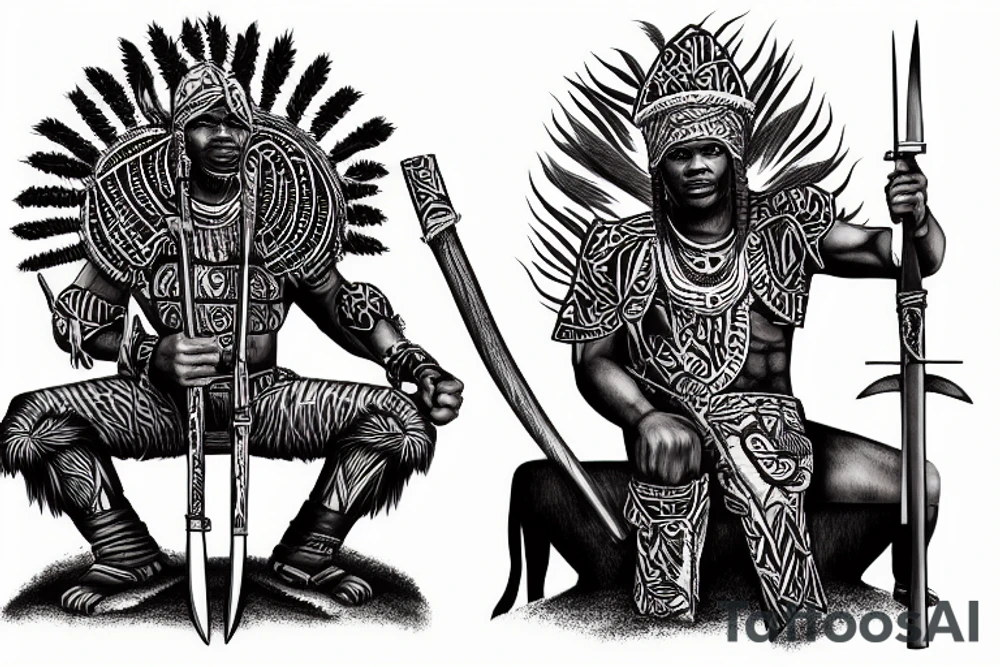 african warrior with lion hide and spear drinking out of human skull on throne tattoo idea