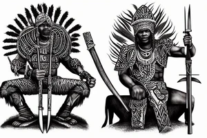 african warrior with lion hide and spear drinking out of human skull on throne tattoo idea