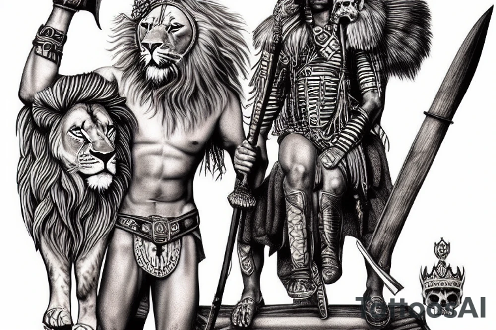african warrior with lion hide and spear drinking out of human skull on throne tattoo idea