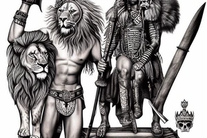 african warrior with lion hide and spear drinking out of human skull on throne tattoo idea