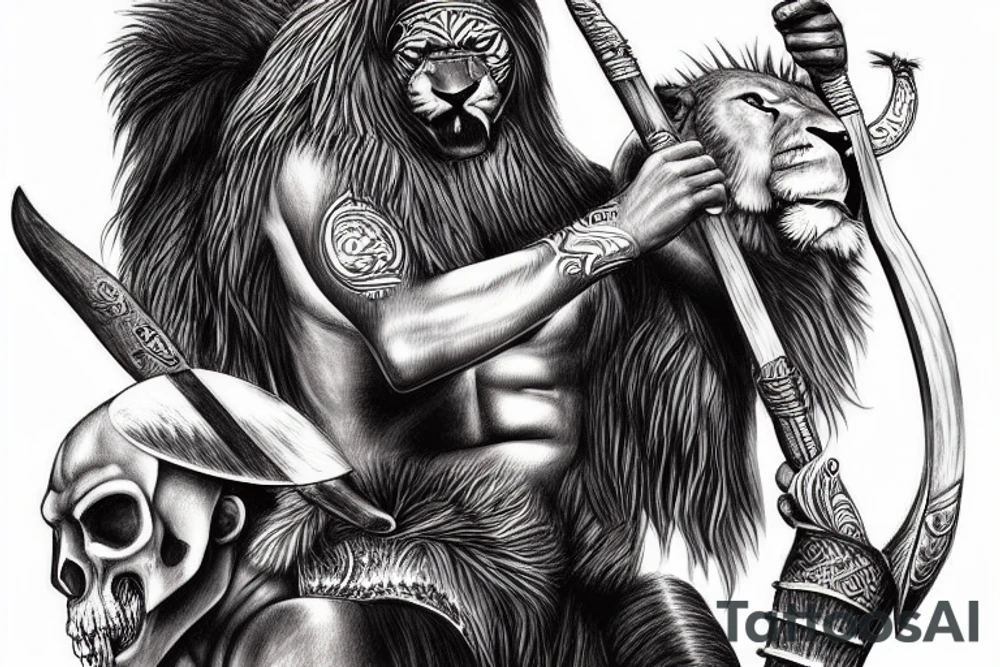 african warrior with lion hide and spear drinking out of human skull on throne tattoo idea
