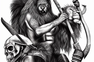 african warrior with lion hide and spear drinking out of human skull on throne tattoo idea