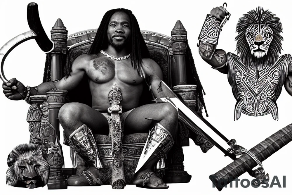 Musculine african warrior with lion hide over head with sword and spear drinking wine out of human skull while sitting on throne tattoo idea