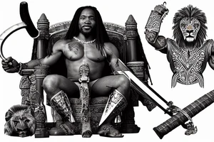Musculine african warrior with lion hide over head with sword and spear drinking wine out of human skull while sitting on throne tattoo idea
