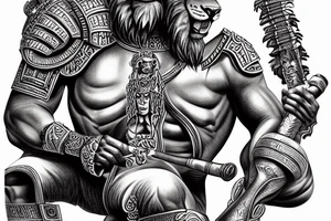 Musculine african warrior with lion hide over head with sword and spear drinking wine out of human skull while sitting on throne tattoo idea