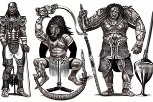 Musculine african warrior with lion hide over head with sword and spear drinking wine out of human skull while sitting on throne tattoo idea