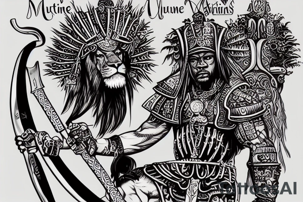 Musculine african warrior with lion hide over head with sword and spear drinking wine out of human skull while sitting on throne tattoo idea