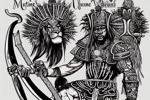 Musculine african warrior with lion hide over head with sword and spear drinking wine out of human skull while sitting on throne tattoo idea