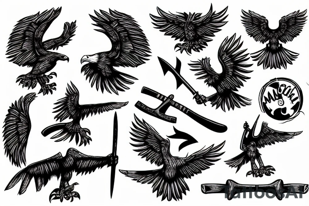 An eagle holding an axe with its talons tattoo idea