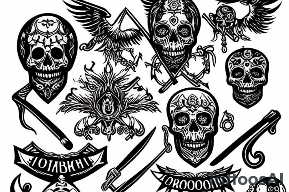 slavic death with ornaments, skull, scythe tattoo idea