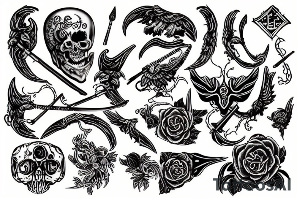 slavic death with ornaments, scythe tattoo idea