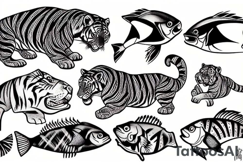 tiger and fish behinde river tattoo idea
