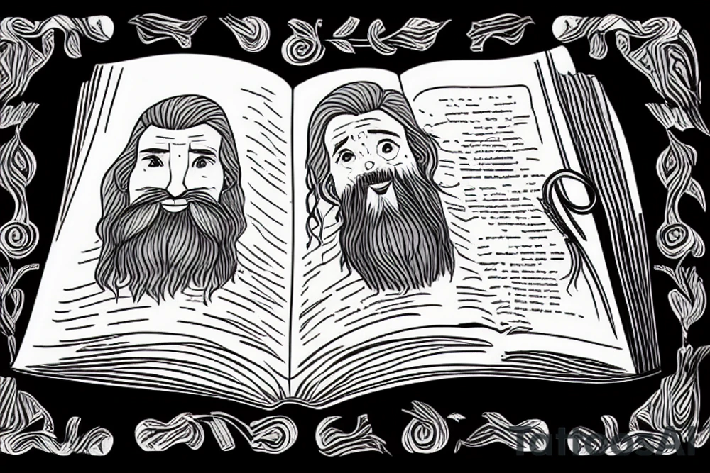 oldman with long hair and beard reading book near the fire in the firtree forest tattoo idea