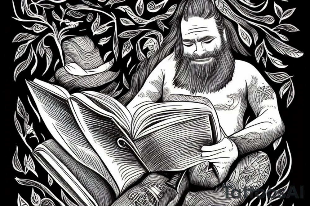 oldman with long hair and beard reading book near the fire in the firtree forest tattoo idea