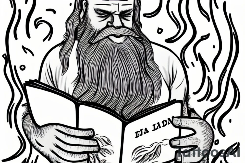 serious oldman with long hair and beard reading book near the fire in the firtree forest tattoo idea