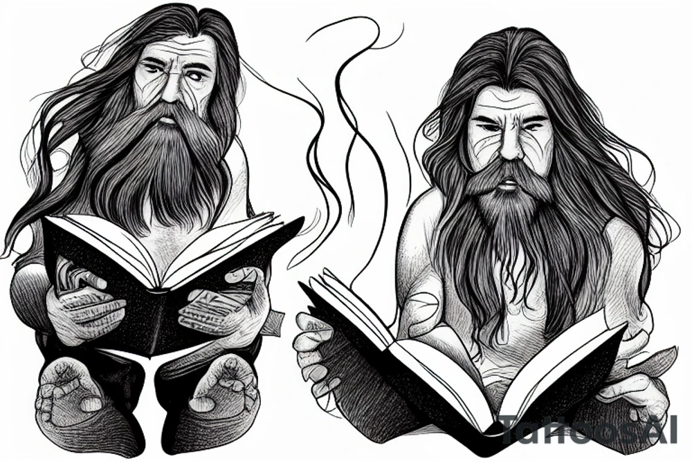 serious oldman with long hair and beard reading book near the fire in the firtree forest tattoo idea