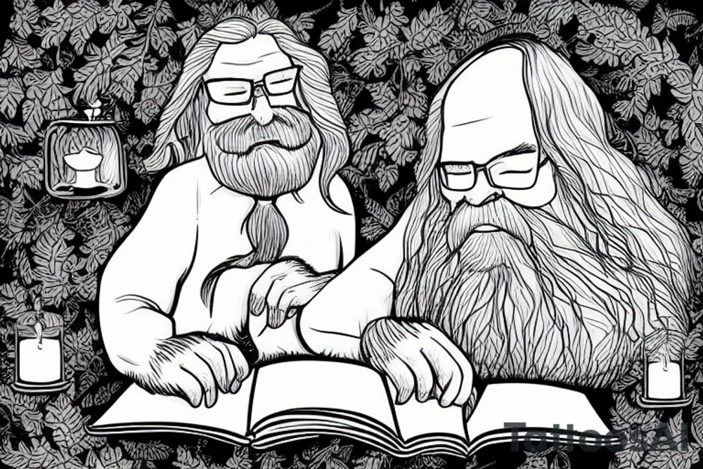 serious oldman with long hair and beard reading book near the fire in the firtree forest tattoo idea