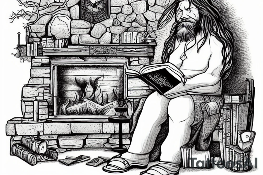 serious oldman with long hair and beard reading book near the fire in the firtree forest tattoo idea