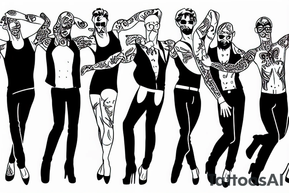 group of gay men wearing women's high heel shoes in front of dance floor tattoo idea