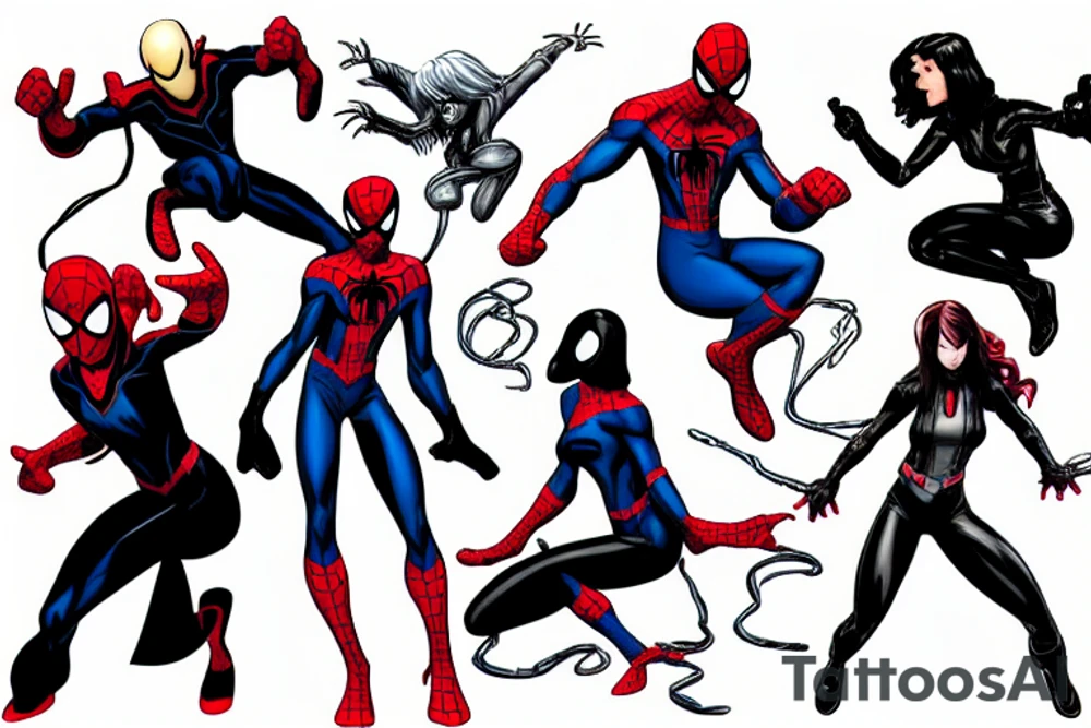 Marvel comics spider-man, Rahne Sinclair, Storm, Kitty Pryde, Psylocke in battle poses facing the viewer tattoo idea