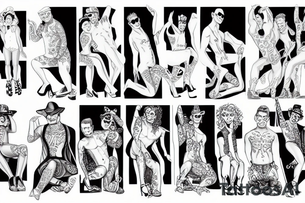 group of gay men in drag, wearing women's high heel shoes on a big deck by the ocean tattoo idea