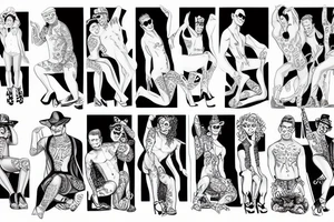 group of gay men in drag, wearing women's high heel shoes on a big deck by the ocean tattoo idea