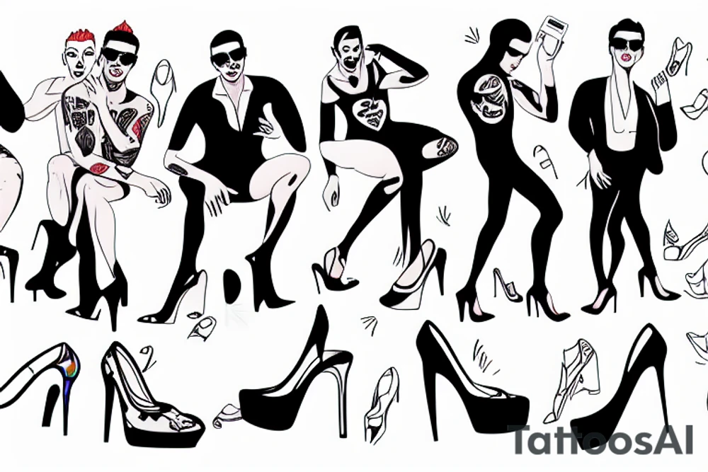 group of gay men in drag, wearing women's high heel shoes near a swimming pool tattoo idea