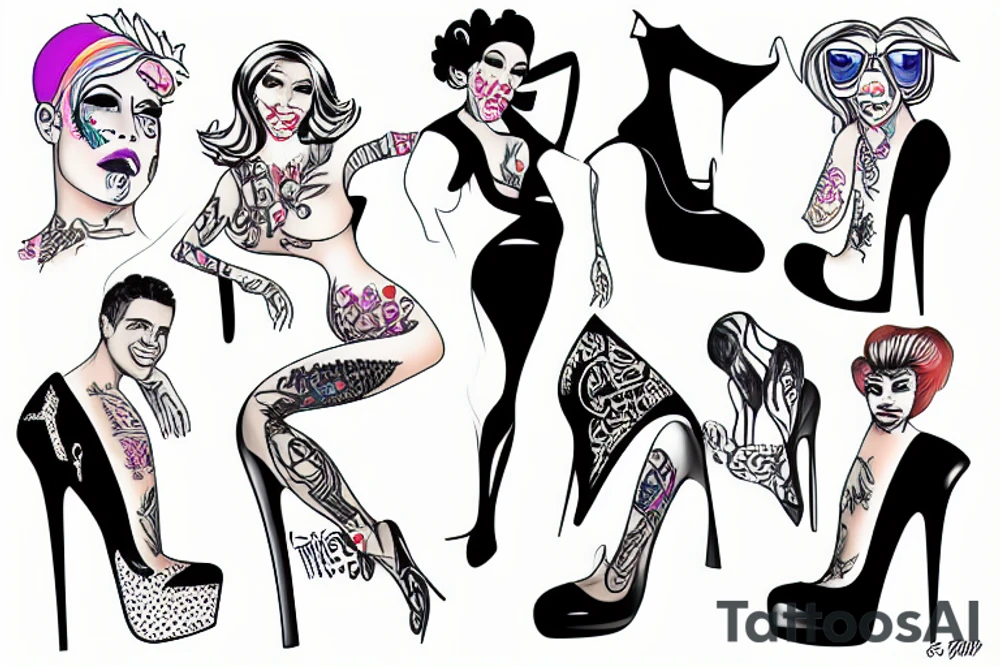 group of gay men in drag, wearing women's high heel shoes near a swimming pool tattoo idea