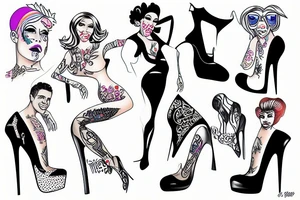 group of gay men in drag, wearing women's high heel shoes near a swimming pool tattoo idea