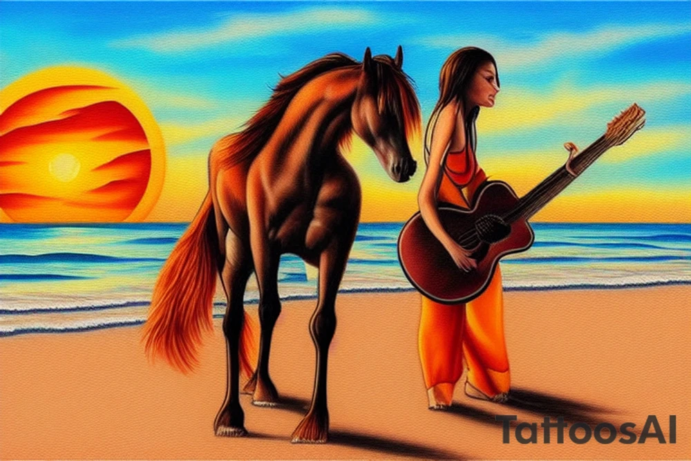a beautiful oil painting of a horse is playing the guitar on the beach, orange sunset in the background tattoo idea