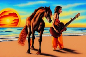 a beautiful oil painting of a horse is playing the guitar on the beach, orange sunset in the background tattoo idea