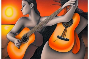 a beautiful oil painting of a horse is playing the guitar on the beach, orange sunset in the background tattoo idea