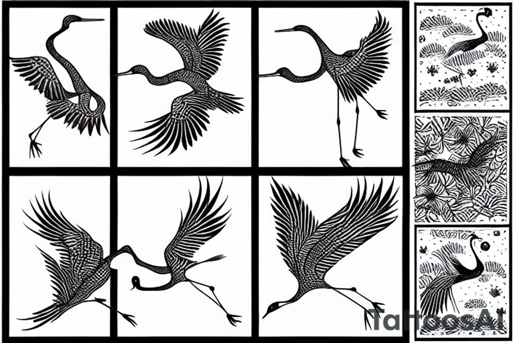 two cranes, one standing, one flying tattoo idea