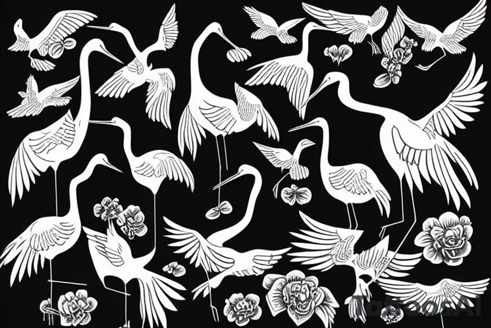 two cranes, one standing, one flying tattoo idea