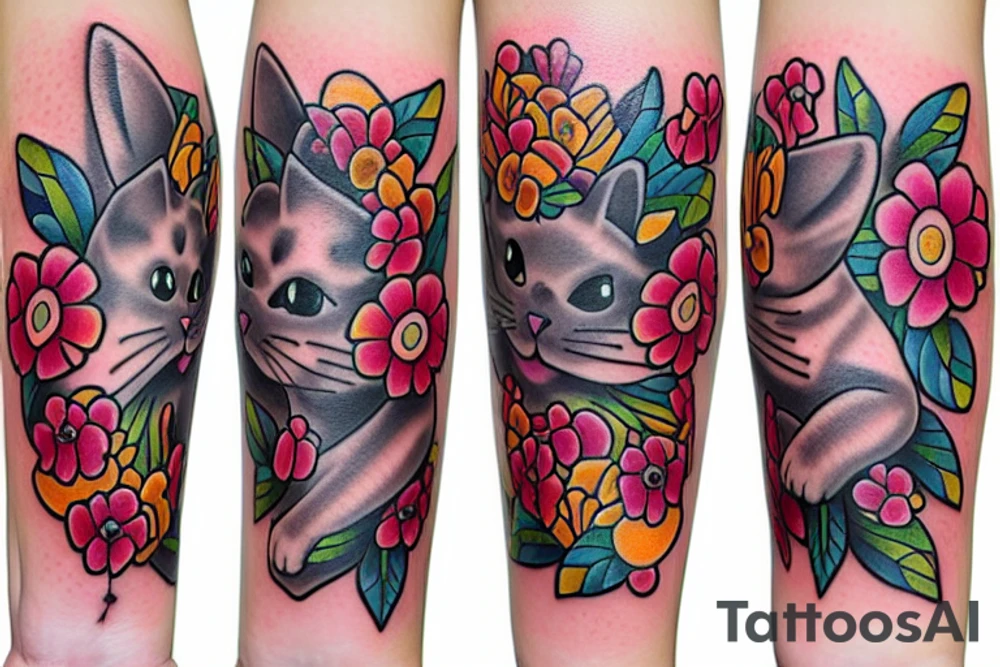 Cat flowers tattoo idea
