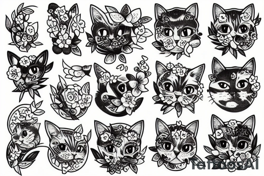 Cat flowers tattoo idea