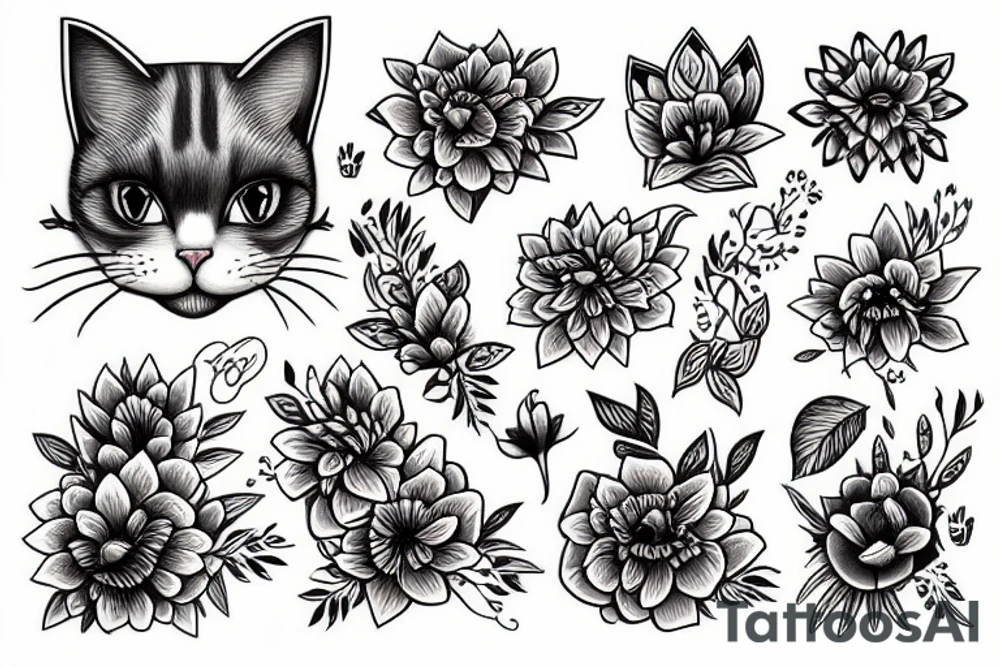 Cat flowers tattoo idea