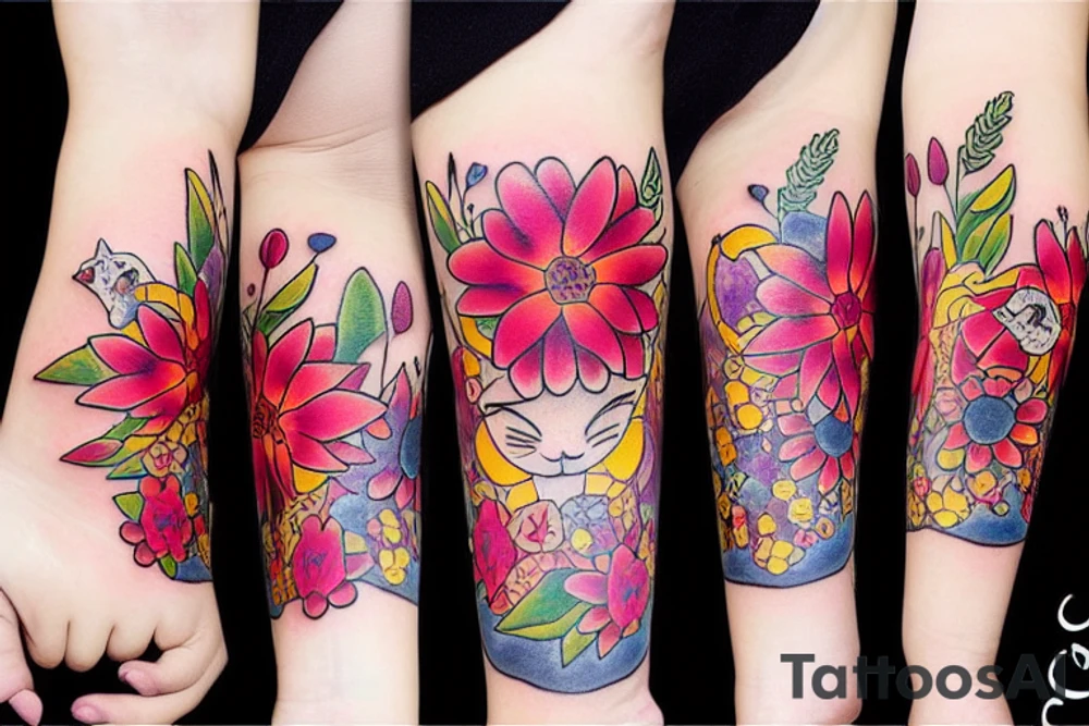 Cat flowers tattoo idea