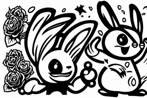 Angry rabbit running towards a rock with scissors in it's hands tattoo idea